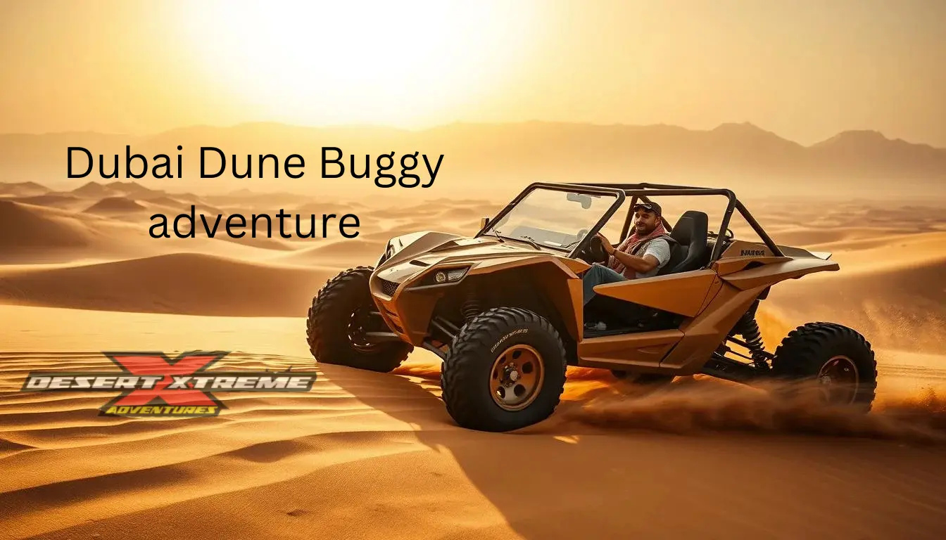 Dubai dune buggy adventure ride in desert safari with off-road buggy driving on golden sand dunes