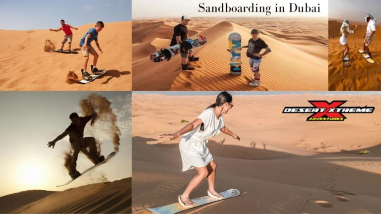 Sandboarding in Dubai desert with tourists riding sand dunes, adventure activity in golden dunes UAE