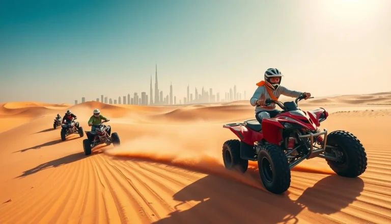 Quad biking in Dubai desert with riders on ATVs and city skyline in background