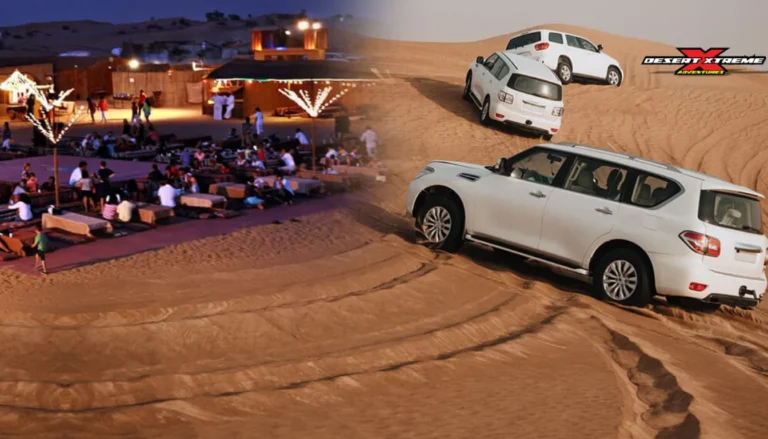 4x4 Dubai desert safari dune bashing with BBQ dinner camp, luxury desert adventure experience with off-road vehicles and evening entertainment