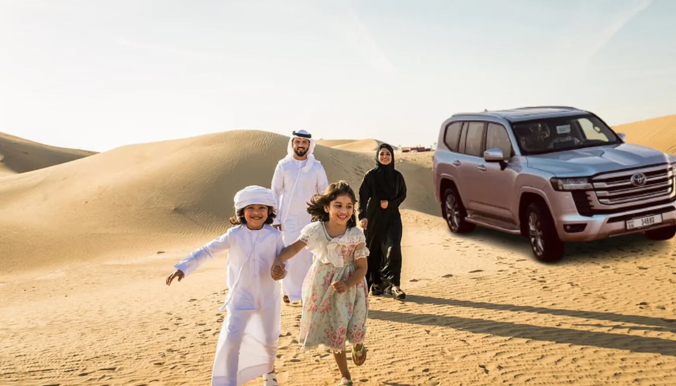 Family enjoying desert safari with kids in Dubai near 4x4 vehicle on sand dunes