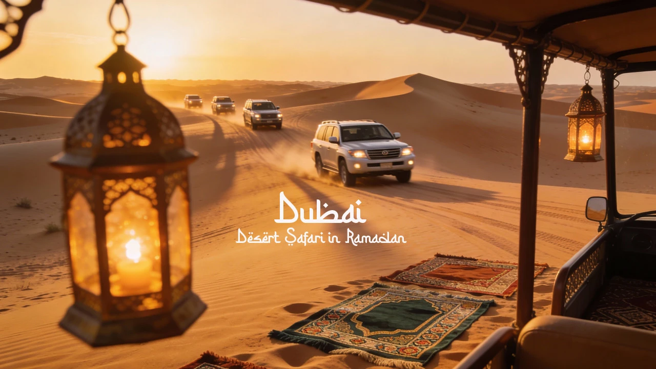 Evening desert safari in Dubai during Ramadan with dunes, sunset views, and traditional camp setup