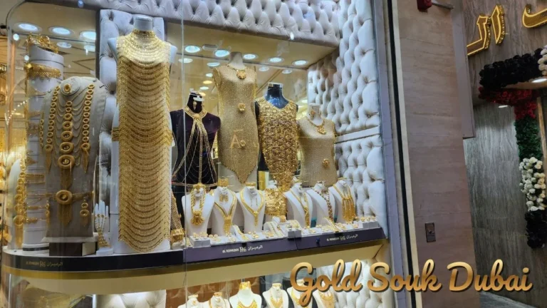 Traditional gold jewelry shops at Gold Souk Dubai, showcasing the famous Dubai gold market in Deira
