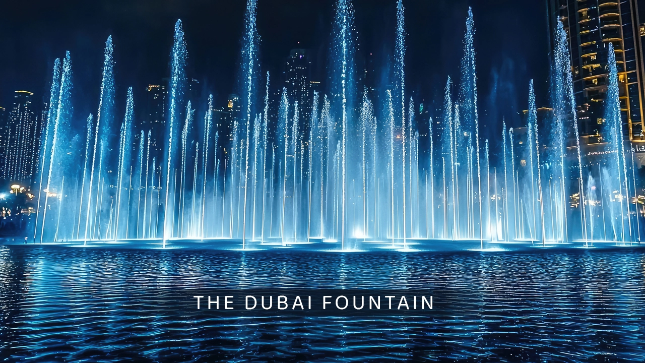 The Dubai Fountain show at night near Burj Khalifa