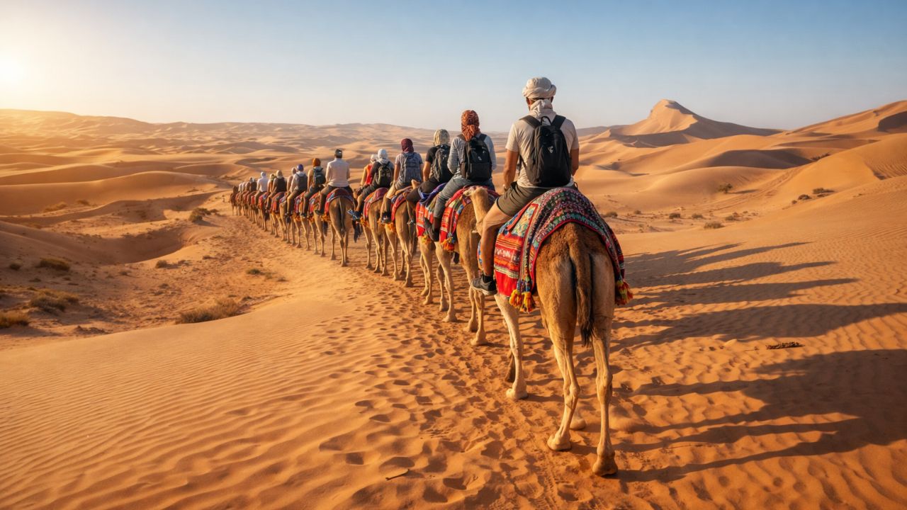 A camel caravan ride across golden sand dunes in Dubai desert during morning safari