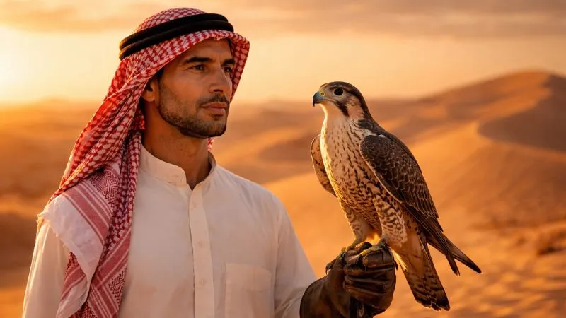 Traditional falconry in Dubai desert with a trained falcon resting on a handler’s glove at sunset