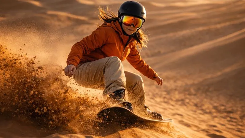sandboarding down golden desert dunes in Dubai at sunset wearing helmet and goggles
