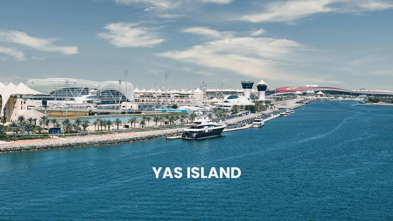 Yas Island Abu Dhabi attractions including Ferrari World, Yas Waterworld, and Yas Marina Circuit with waterfront views