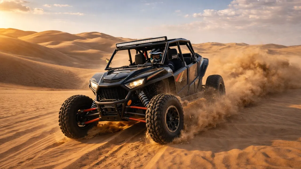 Riding a dune buggy in Dubai desert during guided off-road adventure safari