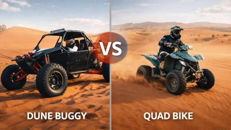 Side by side comparison of dune buggy and quad bike riding in Dubai desert with professional safety gear