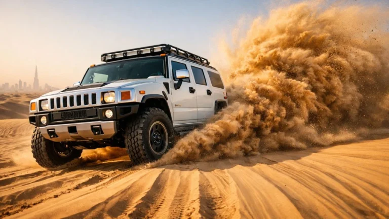 White Hummer H2 drifting across golden sand dunes in Dubai desert during sunset, luxury off-road SUV creating dramatic sand spray on desert safari adventure.