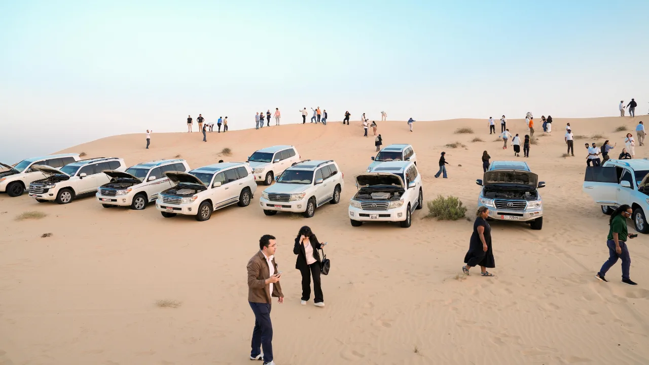 Desert safari Sharjah dune bashing 4x4 vehicles with tourists in golden sand dunes