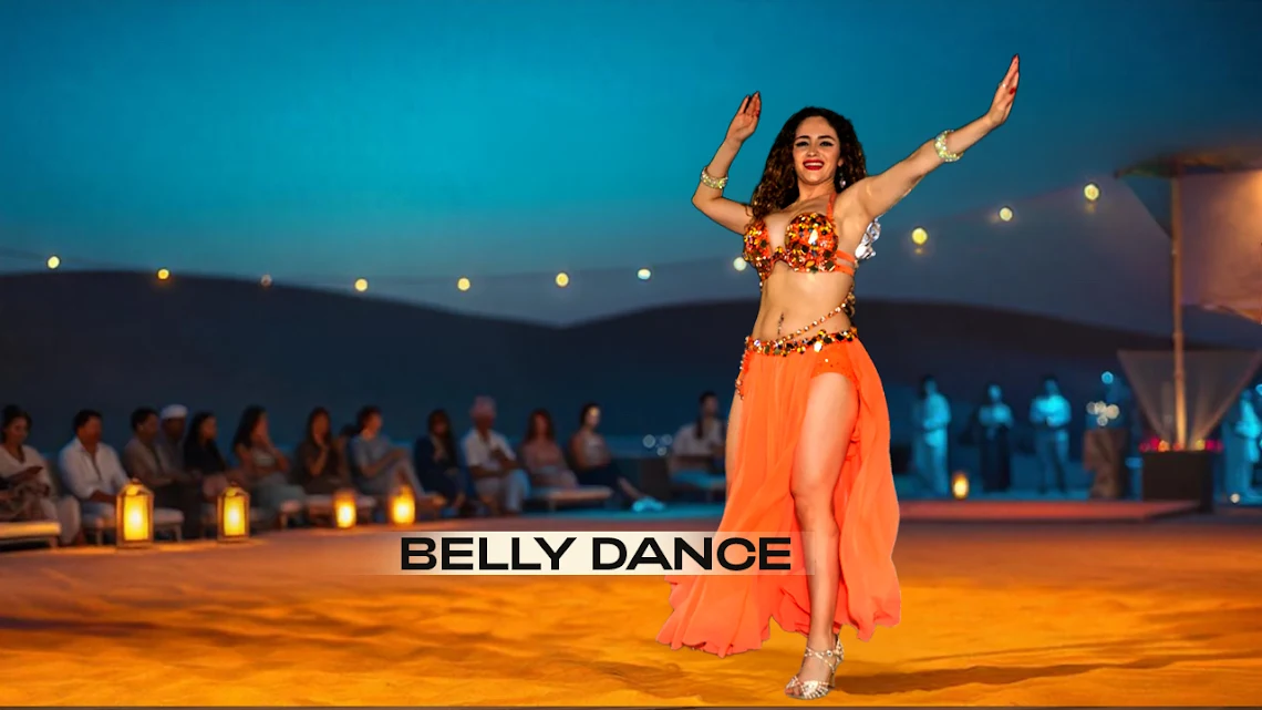 Belly dance show performance at Dubai desert safari camp during evening entertainment