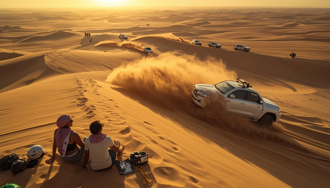 Dune bashing in Dubai desert with 4x4 SUV and tourists watching, safety experience 2026