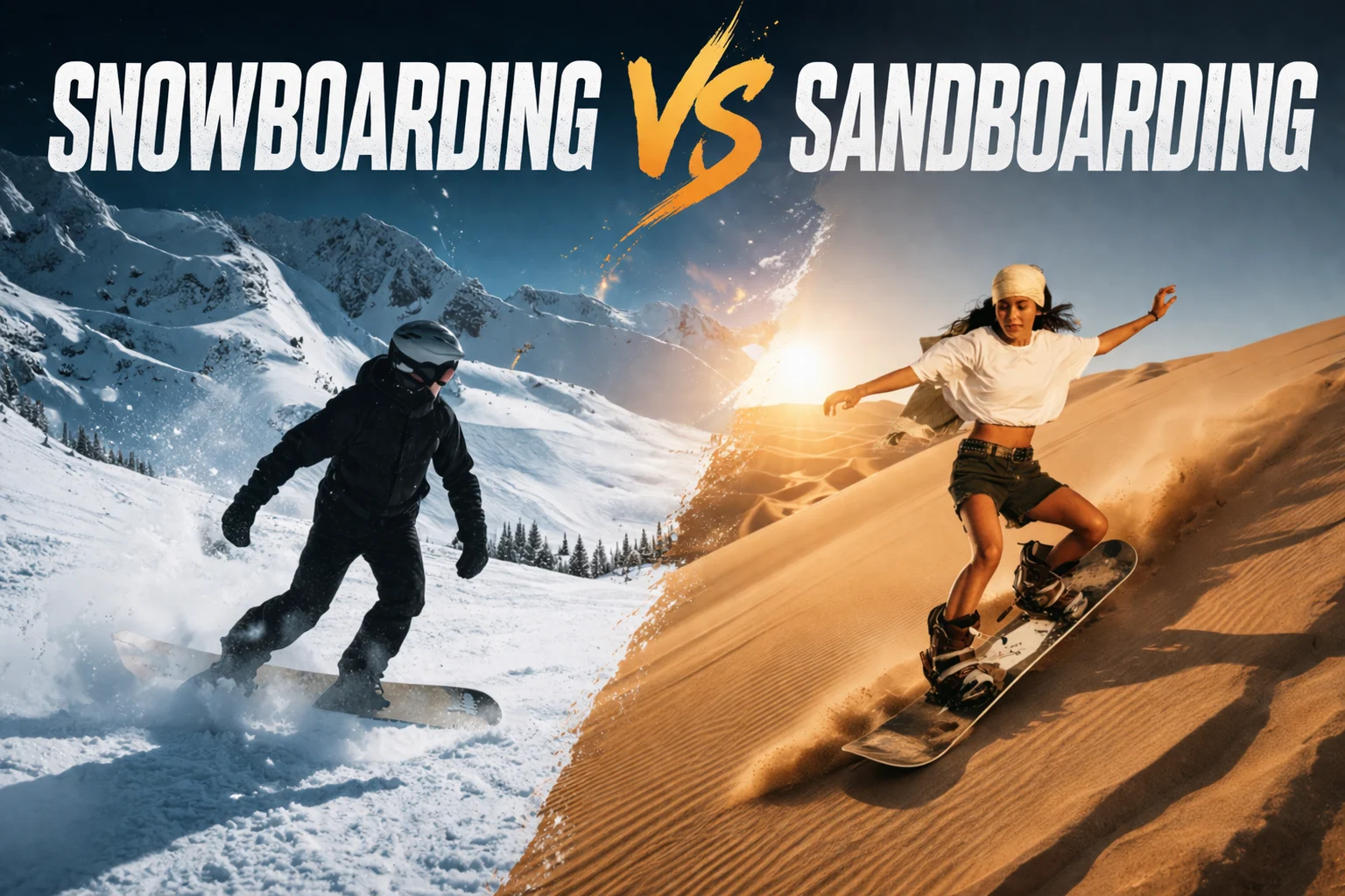 Snowboarding vs sandboarding comparison showing a snowboarder riding snowy mountains and a sandboarder sliding on desert dunes under sunset sky