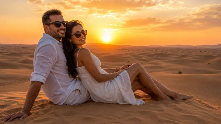 Romantic desert safari Dubai for couples enjoying sunset in Arabian desert
