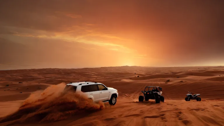 Al Badayer desert safari Dubai with dune bashing SUV, dune buggy and quad bike on red sand dunes at sunset