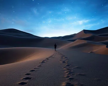 Desert safari camp setup at night with traditional seating